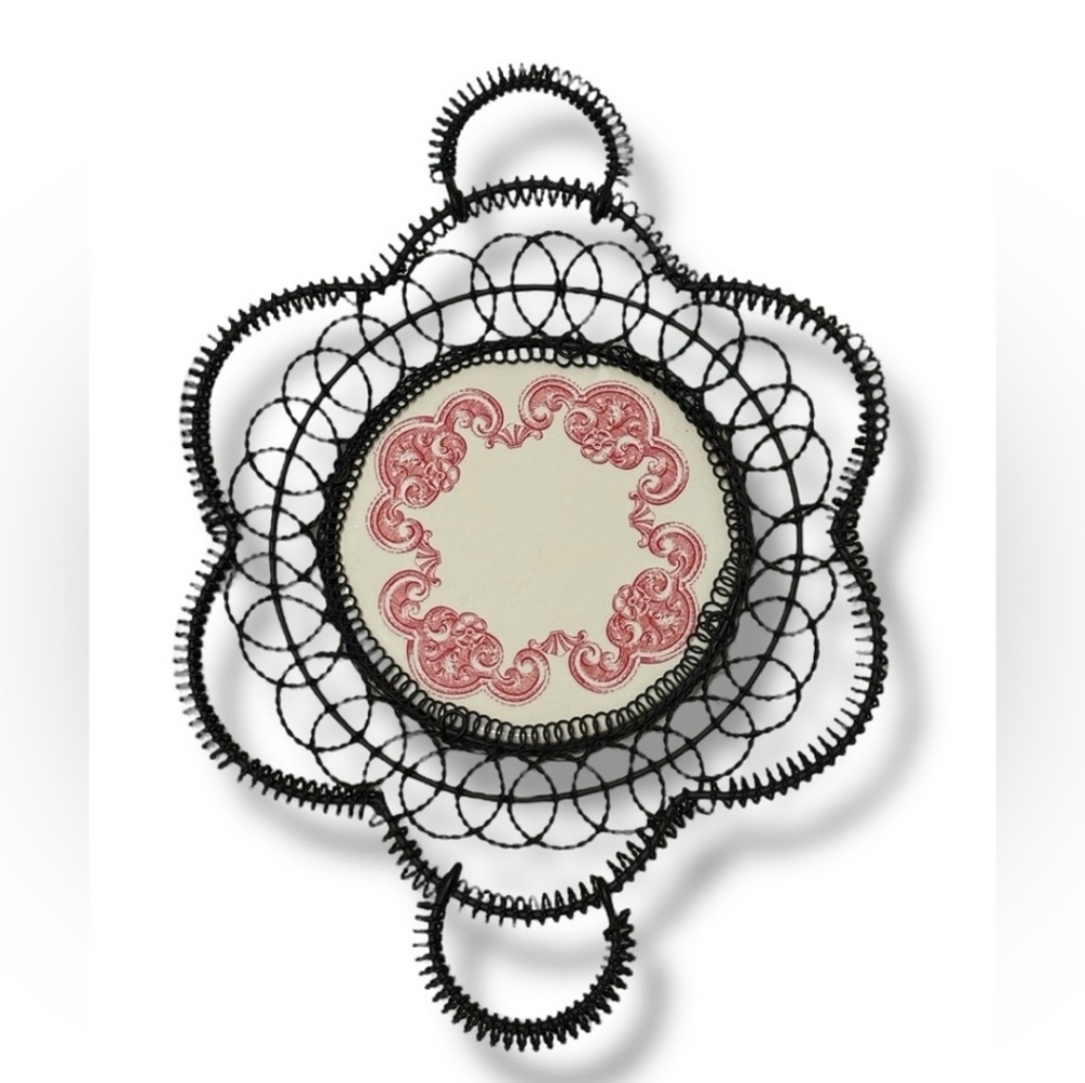 VINTAGE Black Coiled Wire Basket Ivory Ceramic Base Red Scrollwork Design